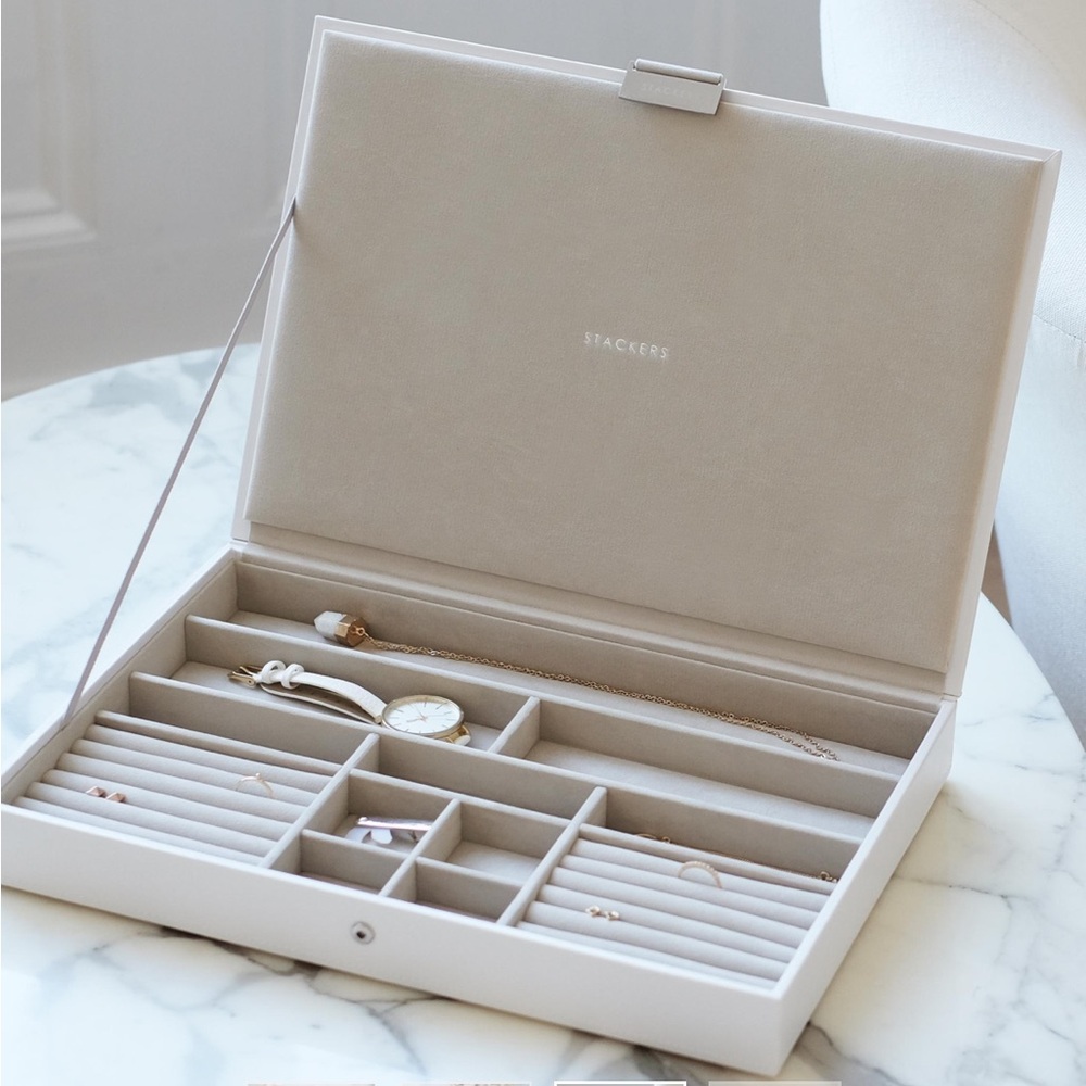 Cream Jewelry Organizer with Removable Trays and Hinged Lid